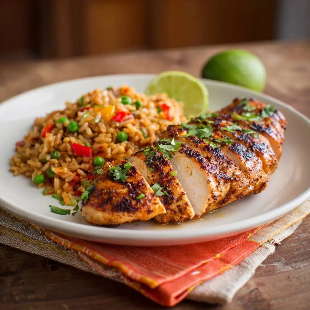Blackened chicken with veggie fried rice, sliced and plated with a lime wedge and garnished with cilantro.