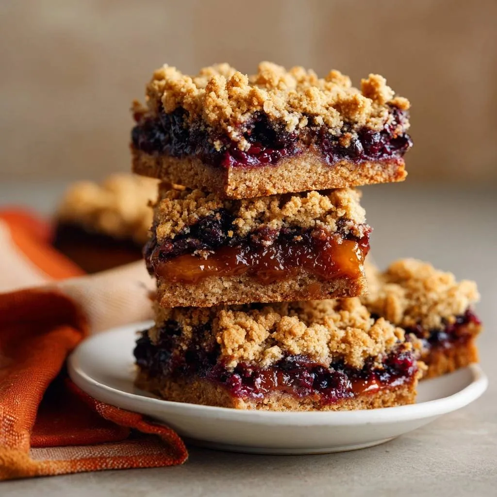 Blueberry crumble bars with foolproof thick filling shown stacked and in a close-up cross-section revealing the layers.