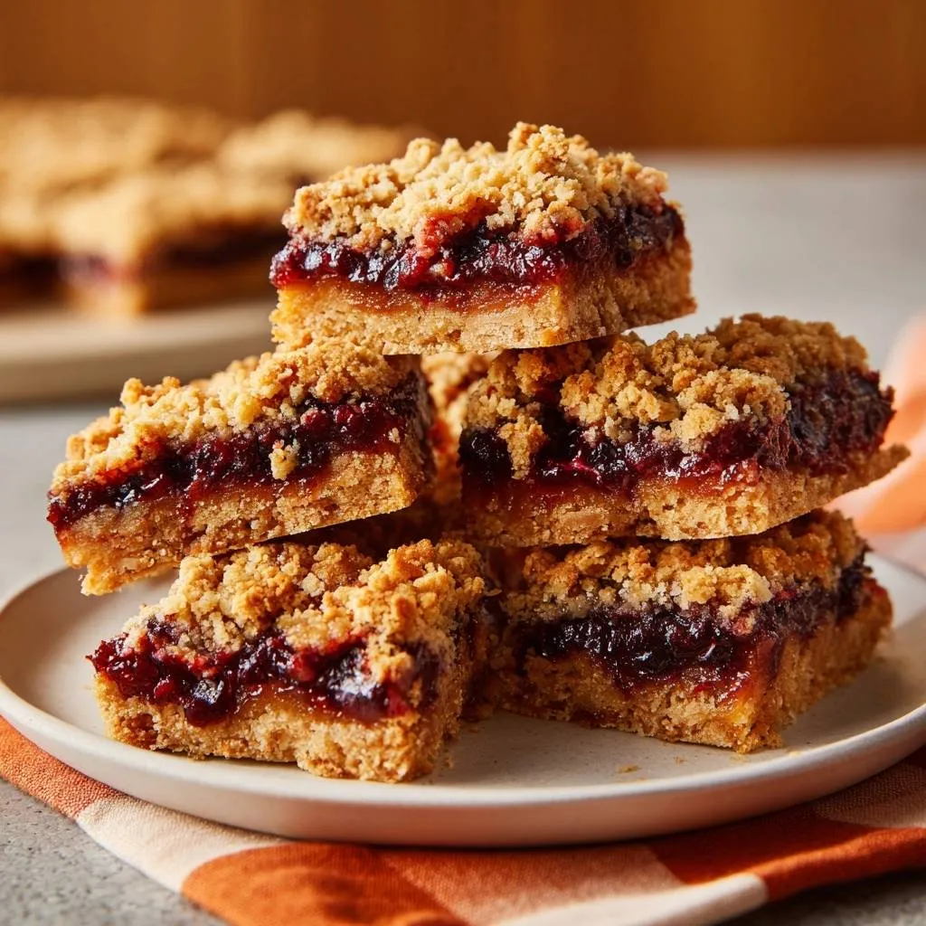Blueberry crumble bars with a thick jam filling, stacked on a plate, showcasing their crumbly topping and layered texture.