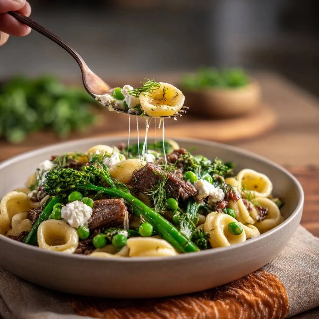 Braised beef orecchiette with broccolini, peas, and feta, shown with a forkful lifting cheesy pasta and herbs.