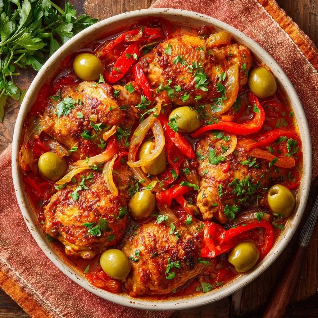 Braised chicken with peppers and olives shown in a rustic bowl from a full overhead view, garnished with fresh parsley.