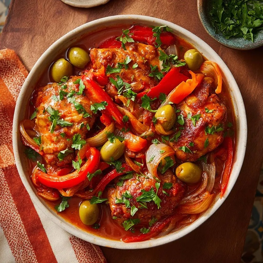 Braised chicken with peppers and olives served in a rustic bowl, garnished with fresh parsley, viewed from directly above.