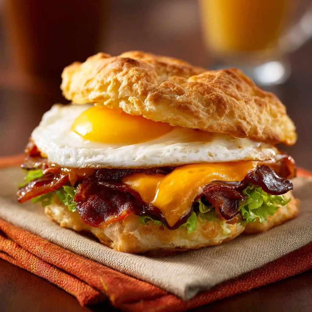 Ultimate Layered Breakfast Biscuit Sandwich with a fried egg, bacon, cheese, and lettuce, shown in a close-up view of its stacked ingredients.