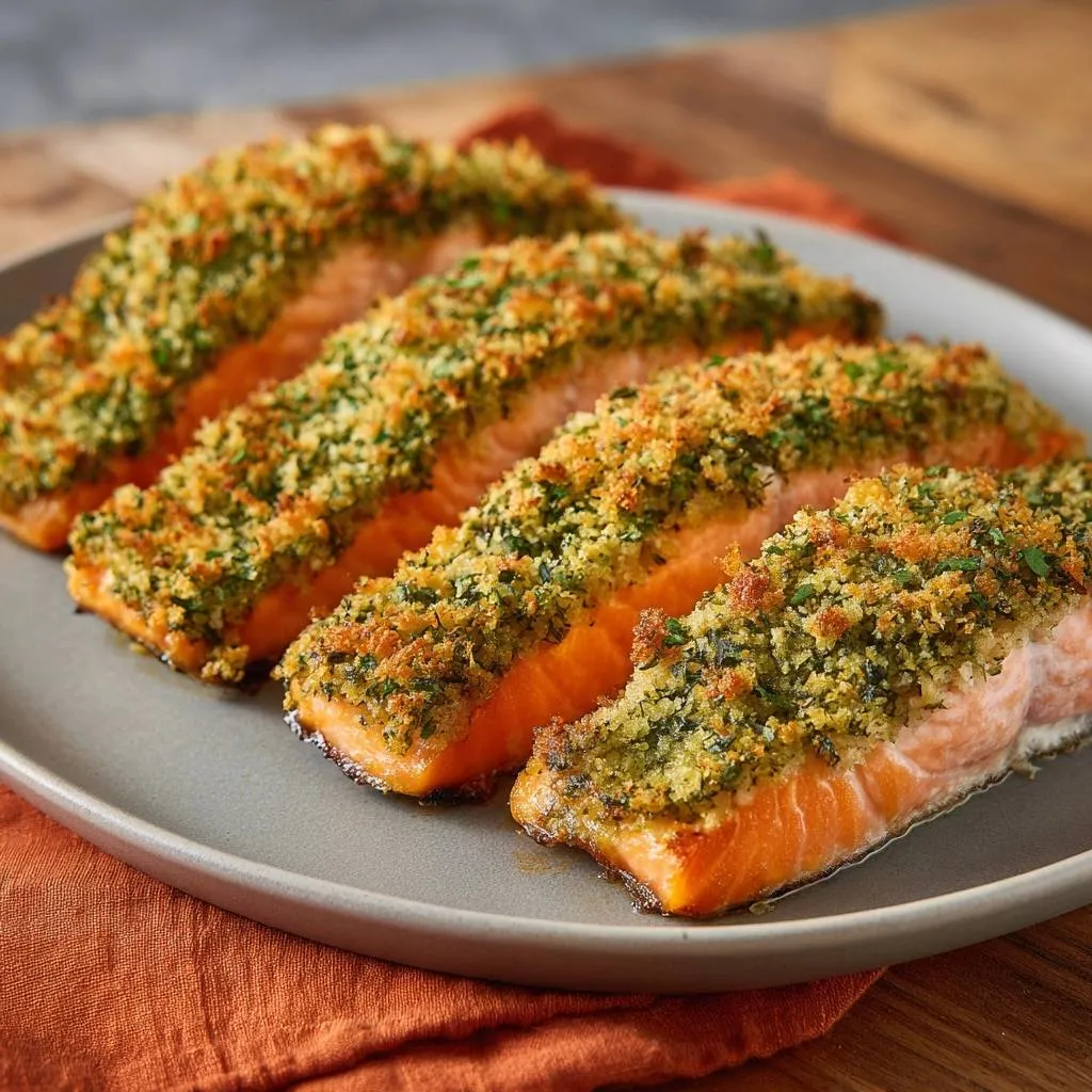 Broccoli crusted salmon, four juicy oven-baked fillets served on a gray plate with a textured orange napkin.