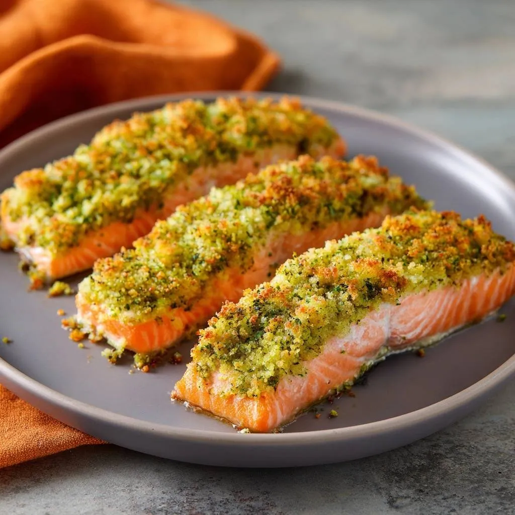 Broccoli crusted salmon plated three pieces, showcasing a vibrant green topping on baked fish fillets.