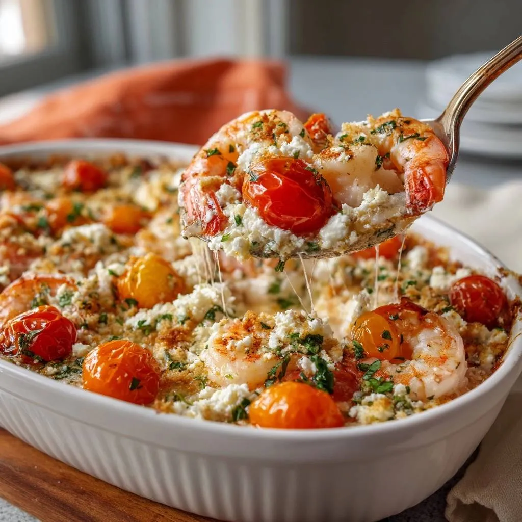 Burst Tomato Feta Shrimp Bake scooped onto a serving spoon, showcasing melty cheese and juicy tomatoes.