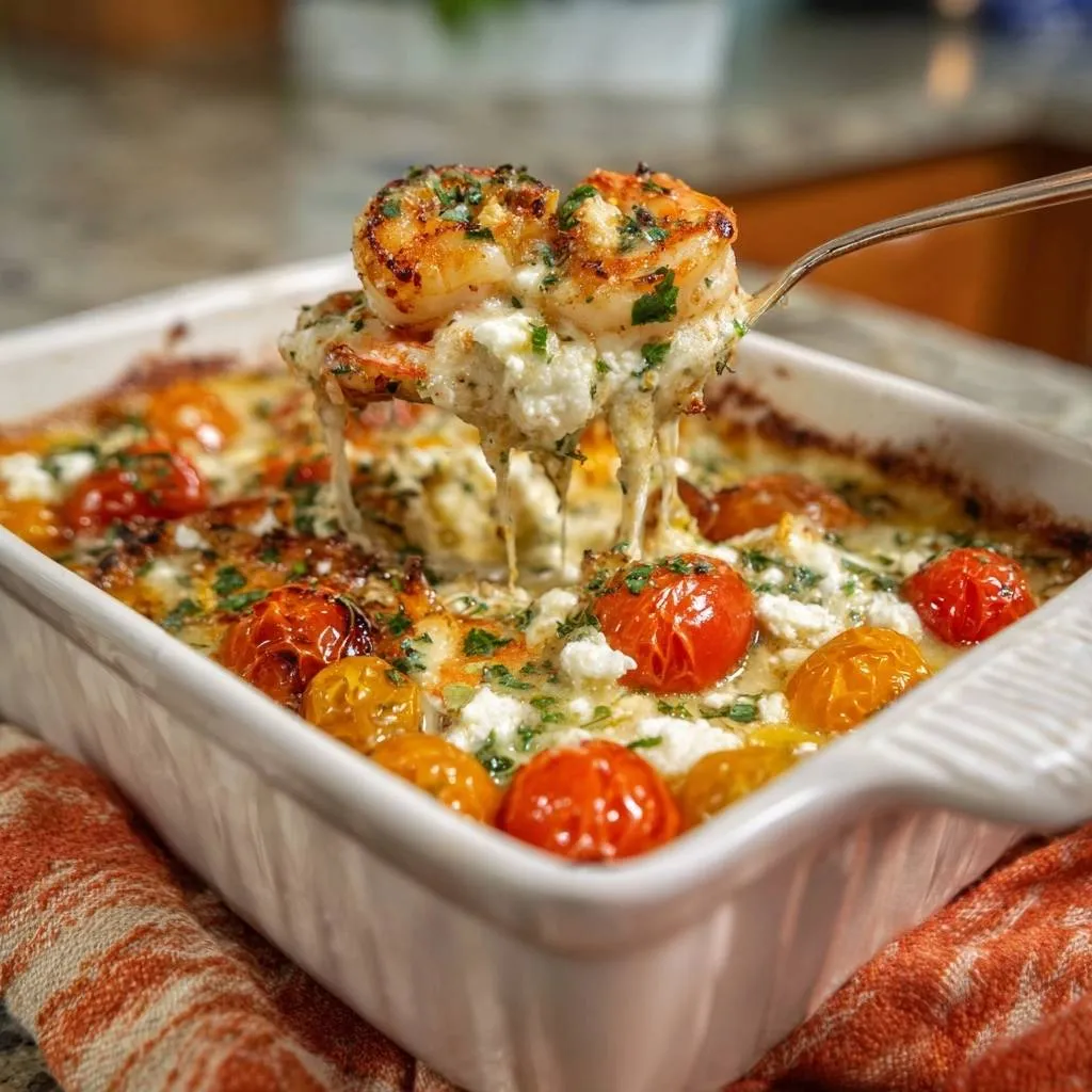 Burst tomato feta shrimp bake served with a spoonful lifted, showing melted cheese and juicy shrimp.