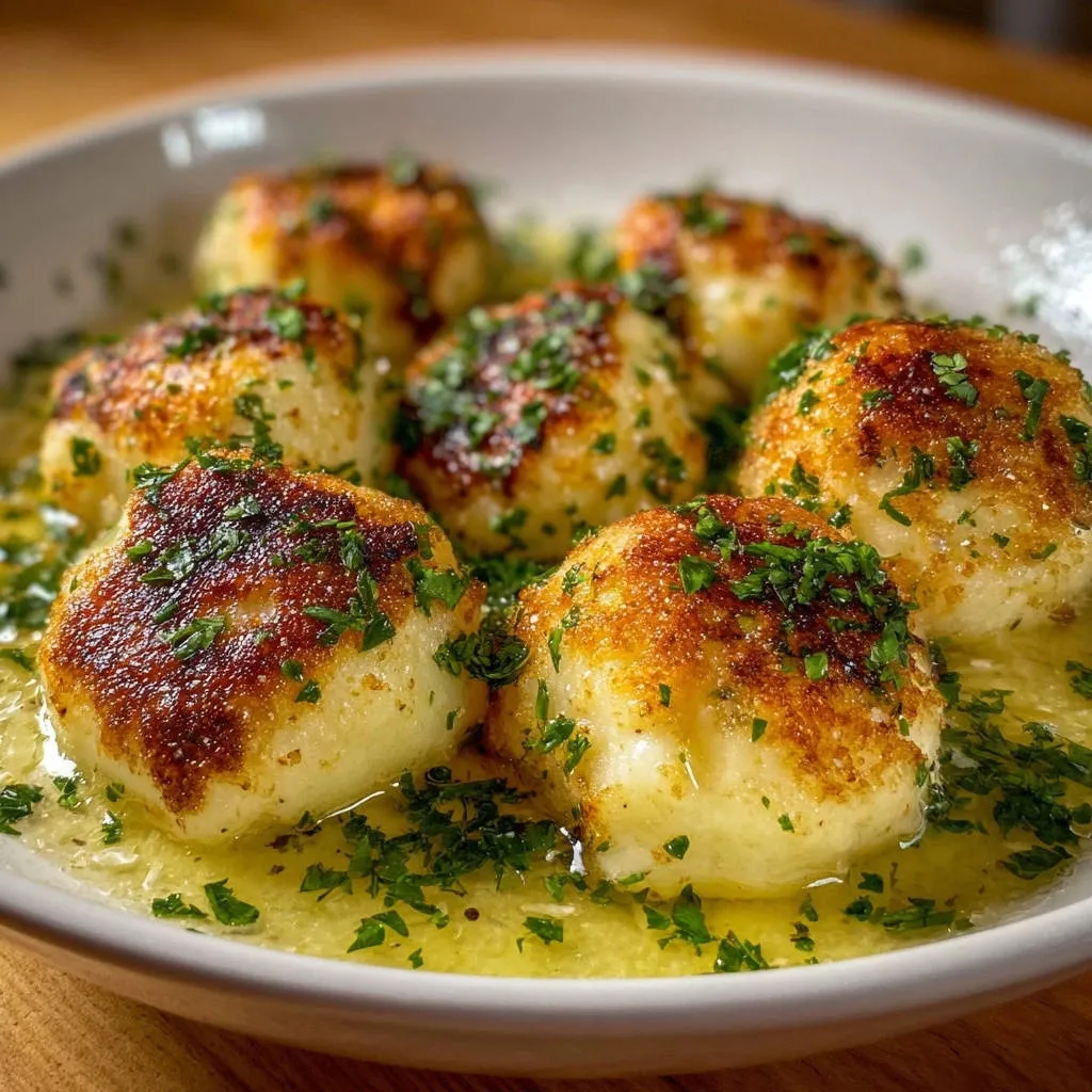 Butter-basted pan-seared scallops glistening in butter and garnished with fresh parsley
