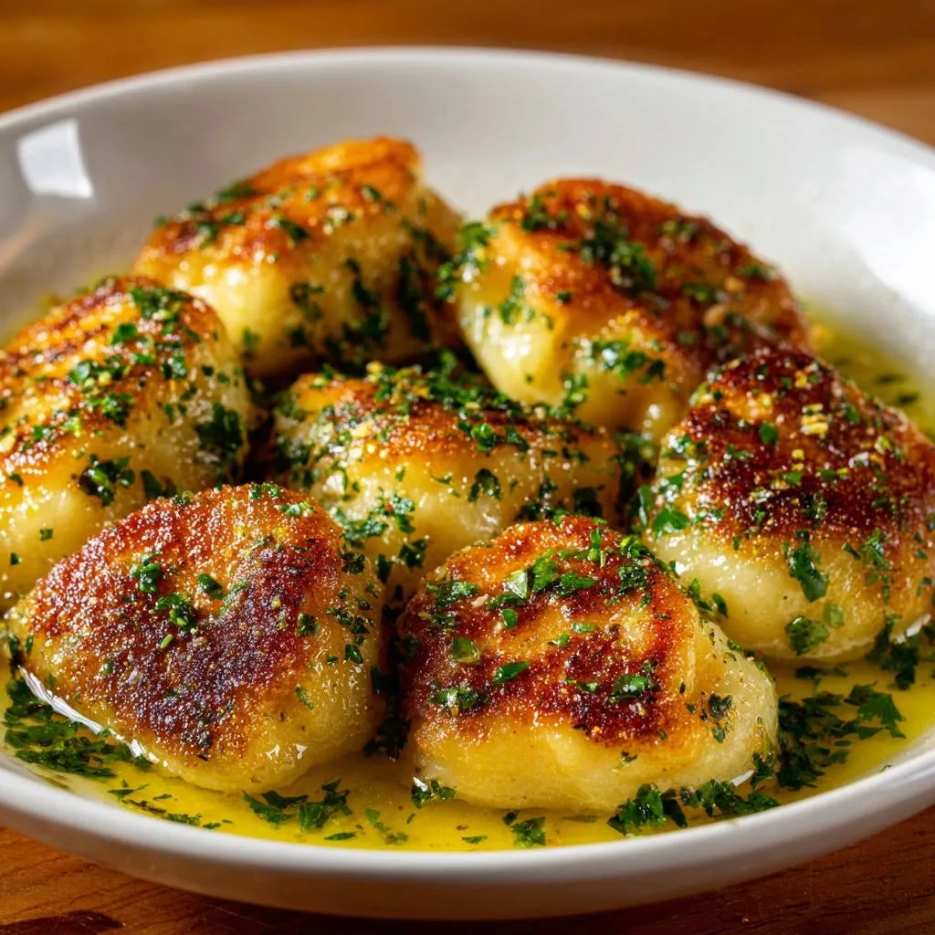 Butter-basted pan-seared scallops glistening in butter with a fresh herb garnish, showcasing their golden-brown sear.