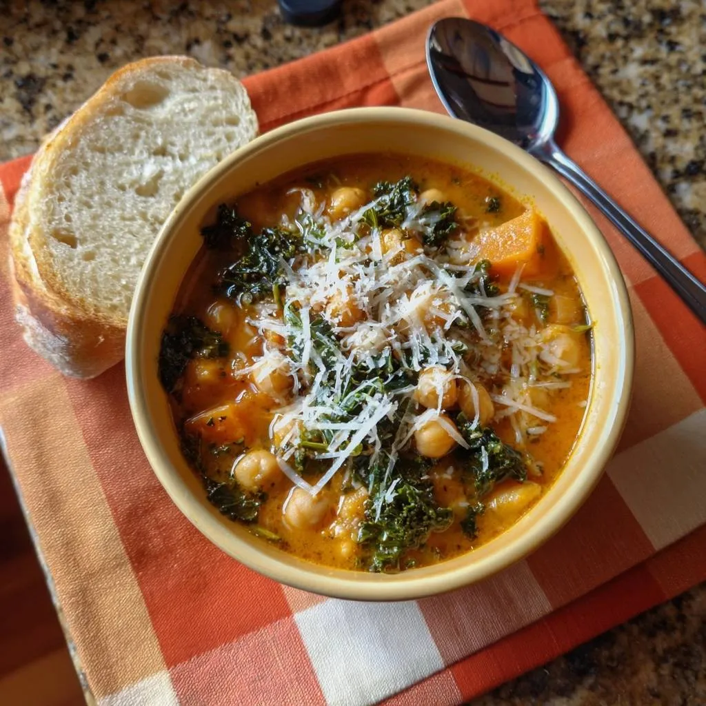 Hearty butternut chickpea kale soup in a bowl, garnished with cheese, served with a slice of crusty bread.