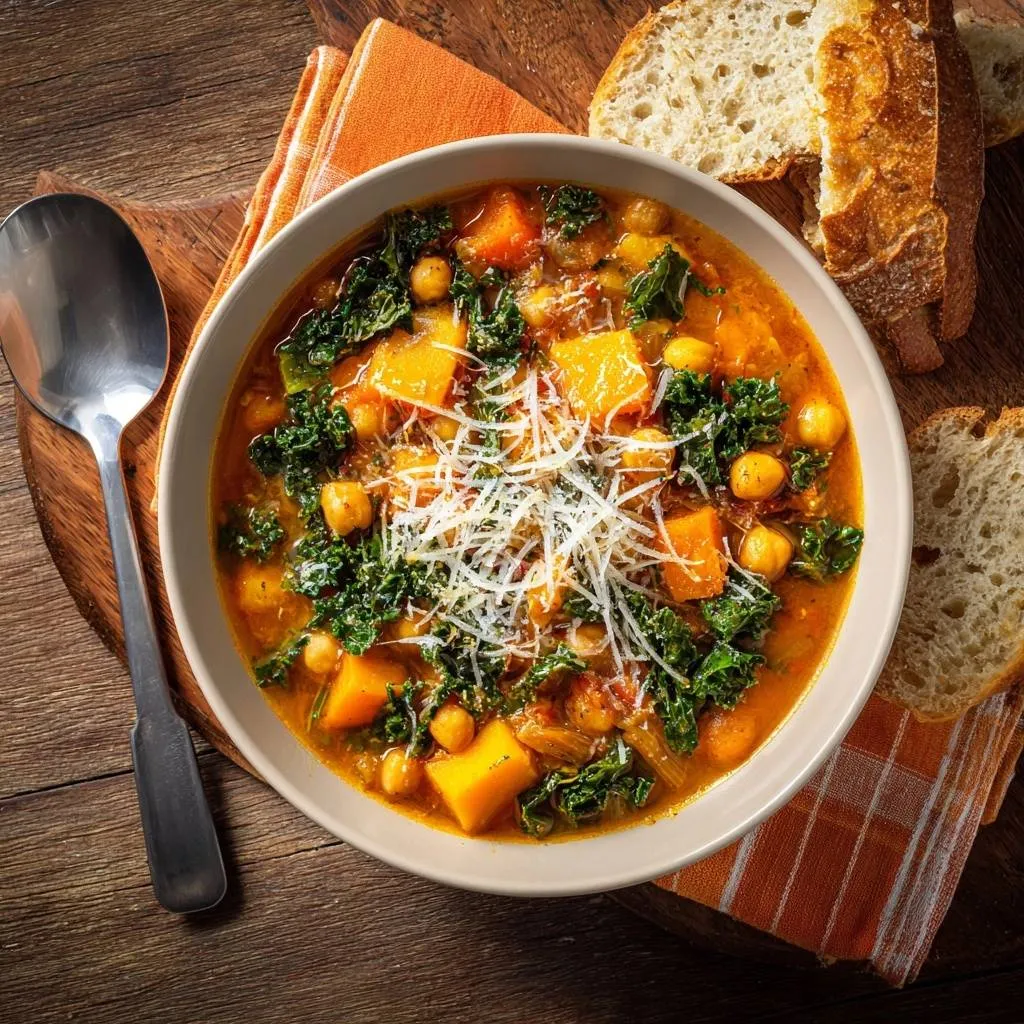 Hearty butternut chickpea kale soup in a bowl, topped with shredded cheese and served with crusty bread.