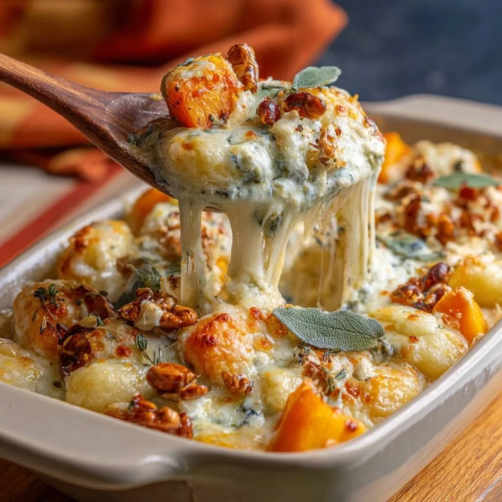 Butternut Squash Gorgonzola Gnocchi Bake with a cheesy pull on a wooden spoon, showing baked gnocchi and squash.