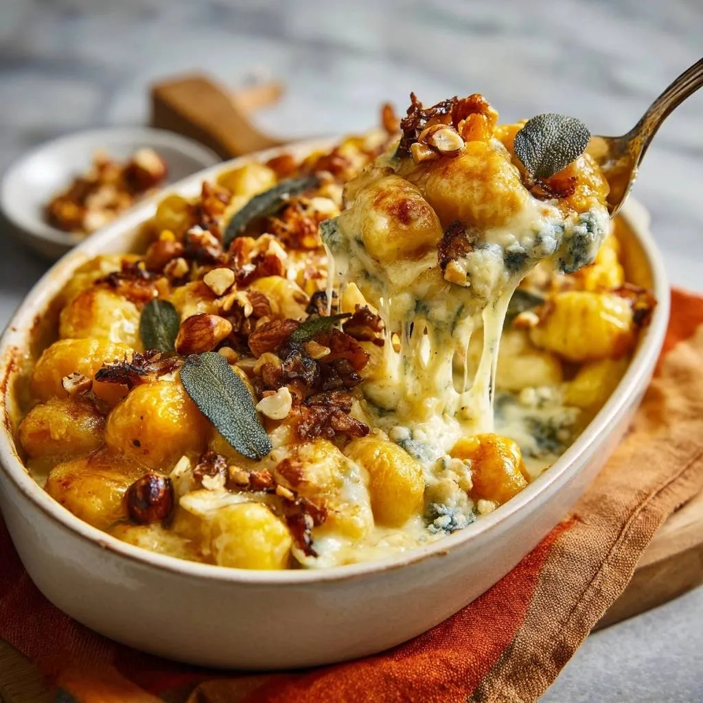Butternut squash gorgonzola gnocchi bake with a spoonful lifting to show the melty cheese pull and toppings.