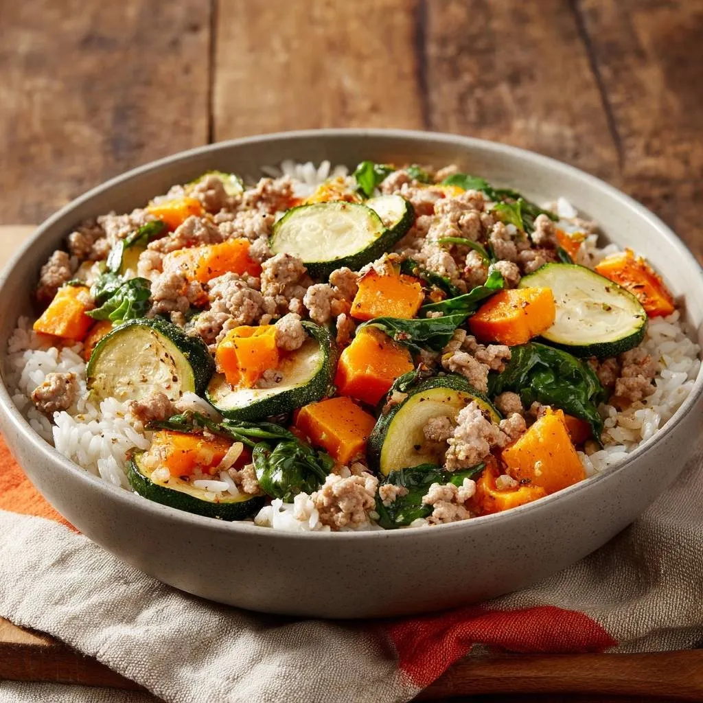 Butternut zucchini turkey rice bowl shown in a close-up view of a serving bowl filled with ingredients.