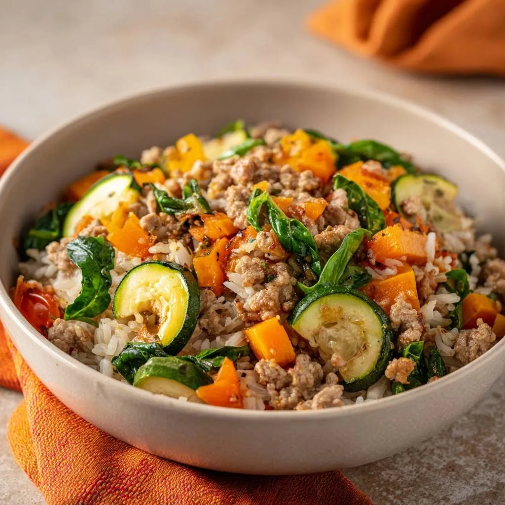 Butternut zucchini turkey rice bowl close-up showing layers of rice, ground turkey, and vegetables.