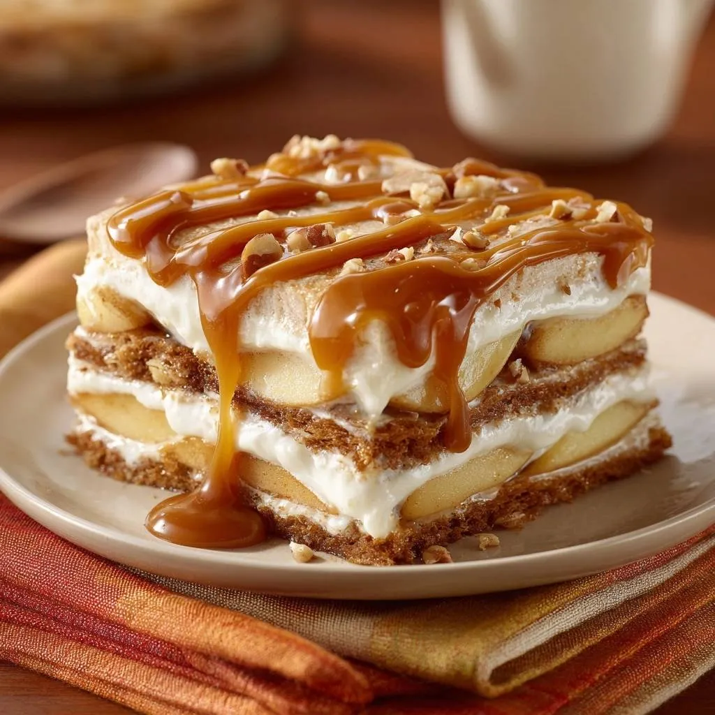 Caramel apple pecan dessert lasagna featuring layers of cream and fruit, generously drizzled with caramel sauce and topped with nuts.