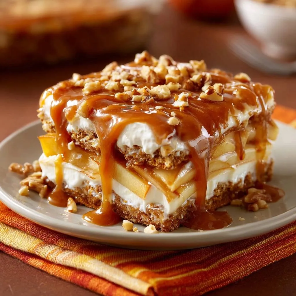 Caramel Apple Pecan Dessert Lasagna, a plated serving generously drizzled with caramel sauce and topped with chopped nuts.