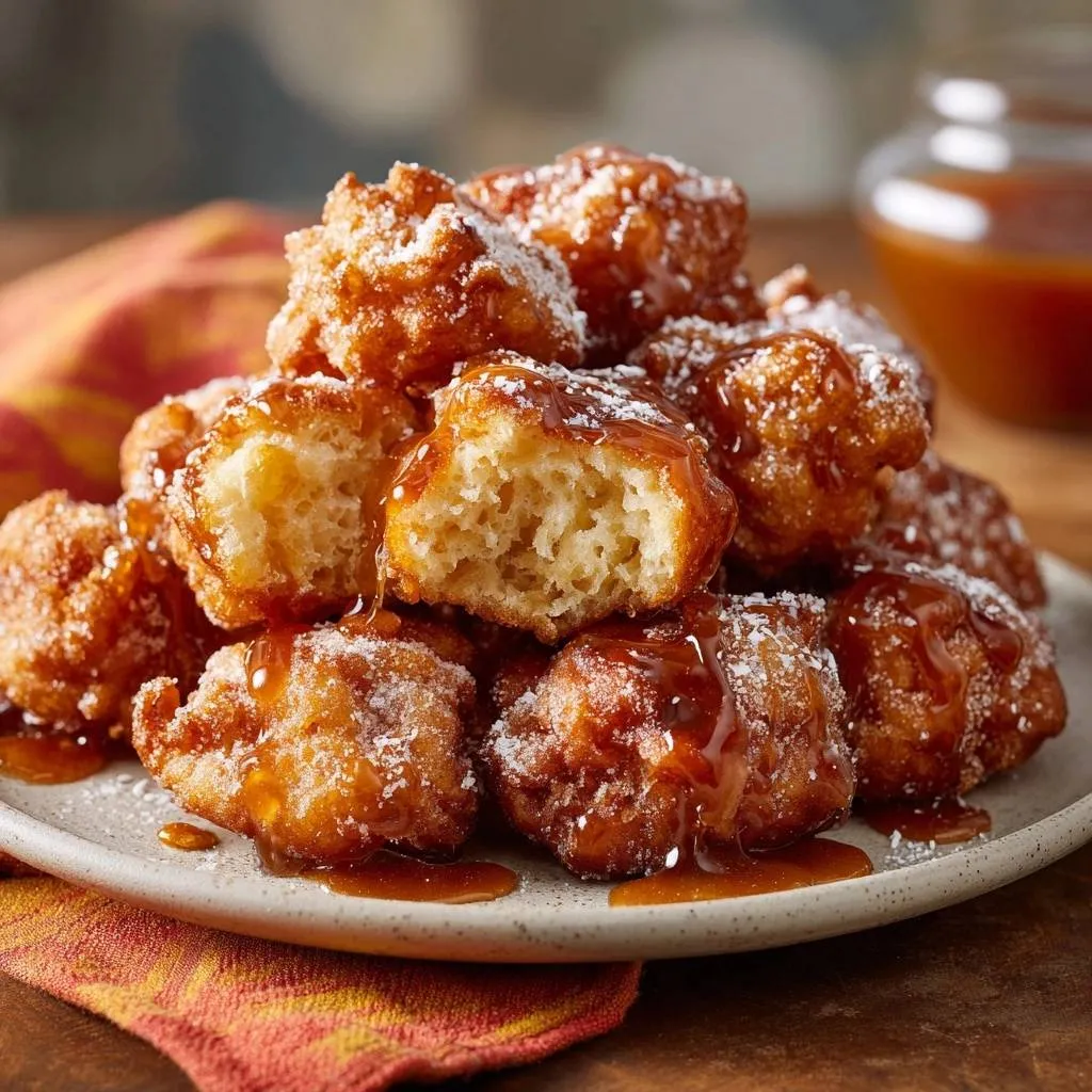 Caramel beignet bites cross-section drizzled with caramel sauce and dusted with powdered sugar.