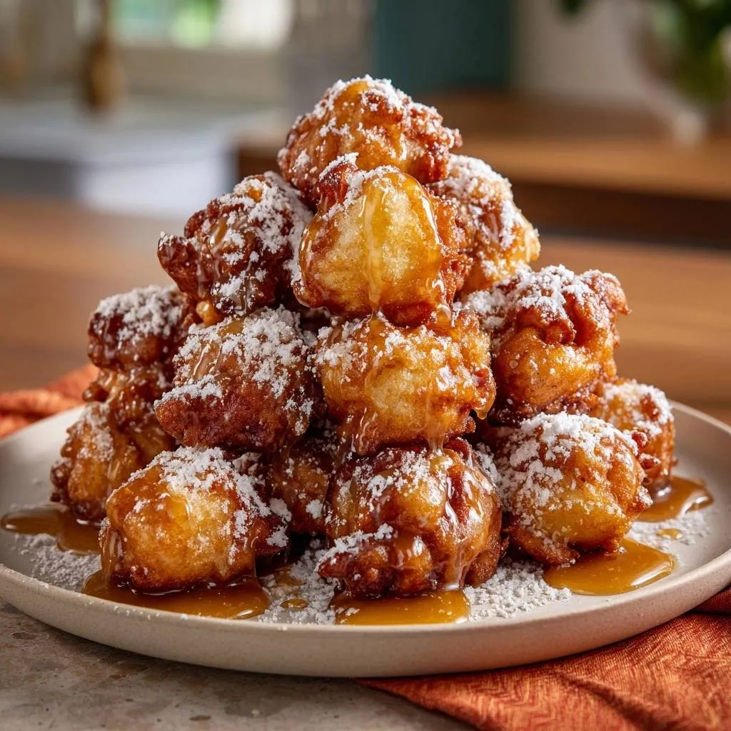 Caramel beignet bites dusted with powdered sugar and drizzled with caramel sauce, piled high on a plate.