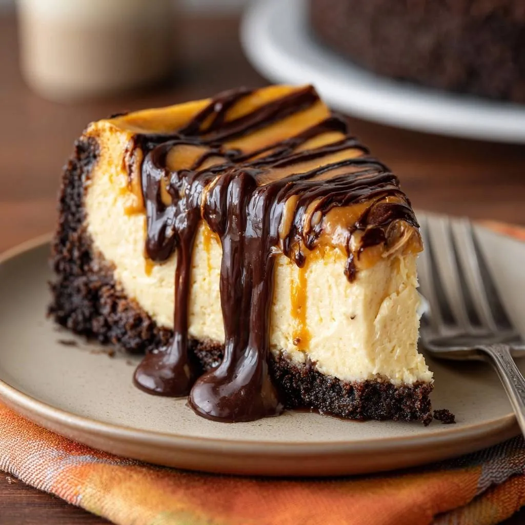 Caramel drizzled cheesecake slice with rich chocolate and caramel topping, shown in a close-up view.