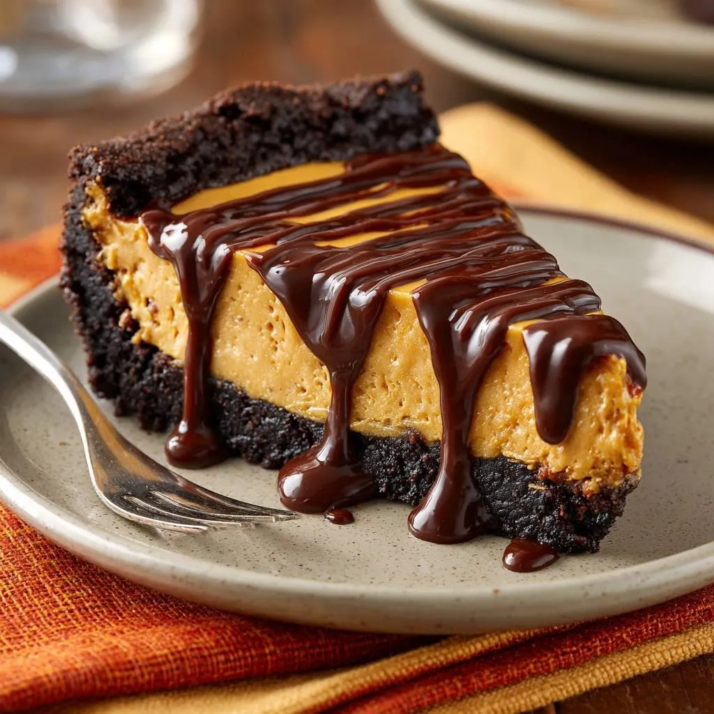 Caramel drizzled cheesecake slice with a rich chocolate drizzle and dark chocolate crust on a plate.