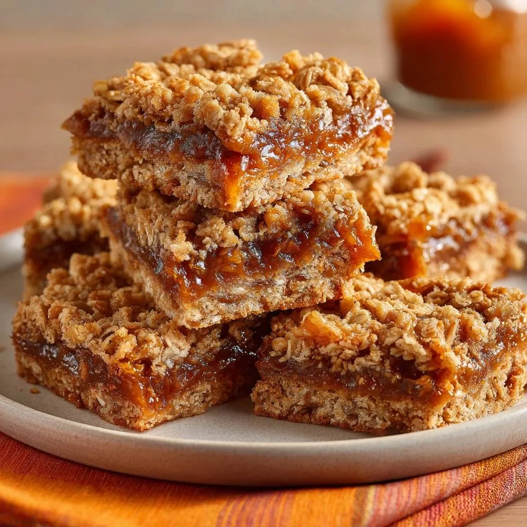 Caramel oat crumble bars stacked on a plate, showcasing the gooey caramel filling and crumbly topping in a close-up view.