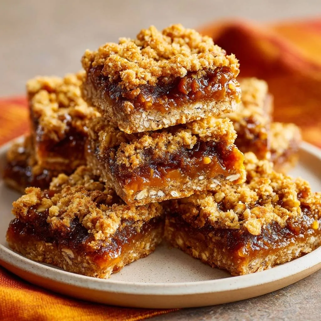Caramel oat crumble bars with a crunchy texture, shown stacked with a close-up cross-section revealing the layers.