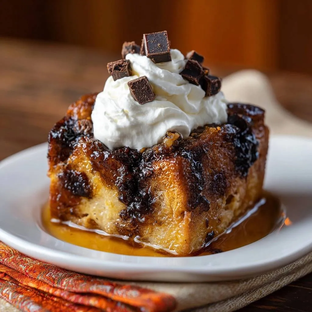Caramel pecan bread pudding, a single serving plated with whipped cream and chocolate shavings garnish.