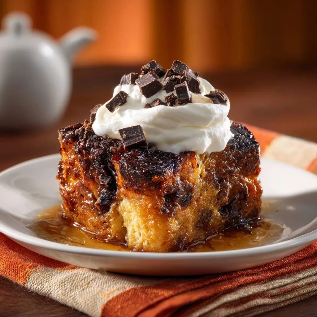 Caramel pecan bread pudding served on a plate, topped with whipped cream and chocolate shavings.