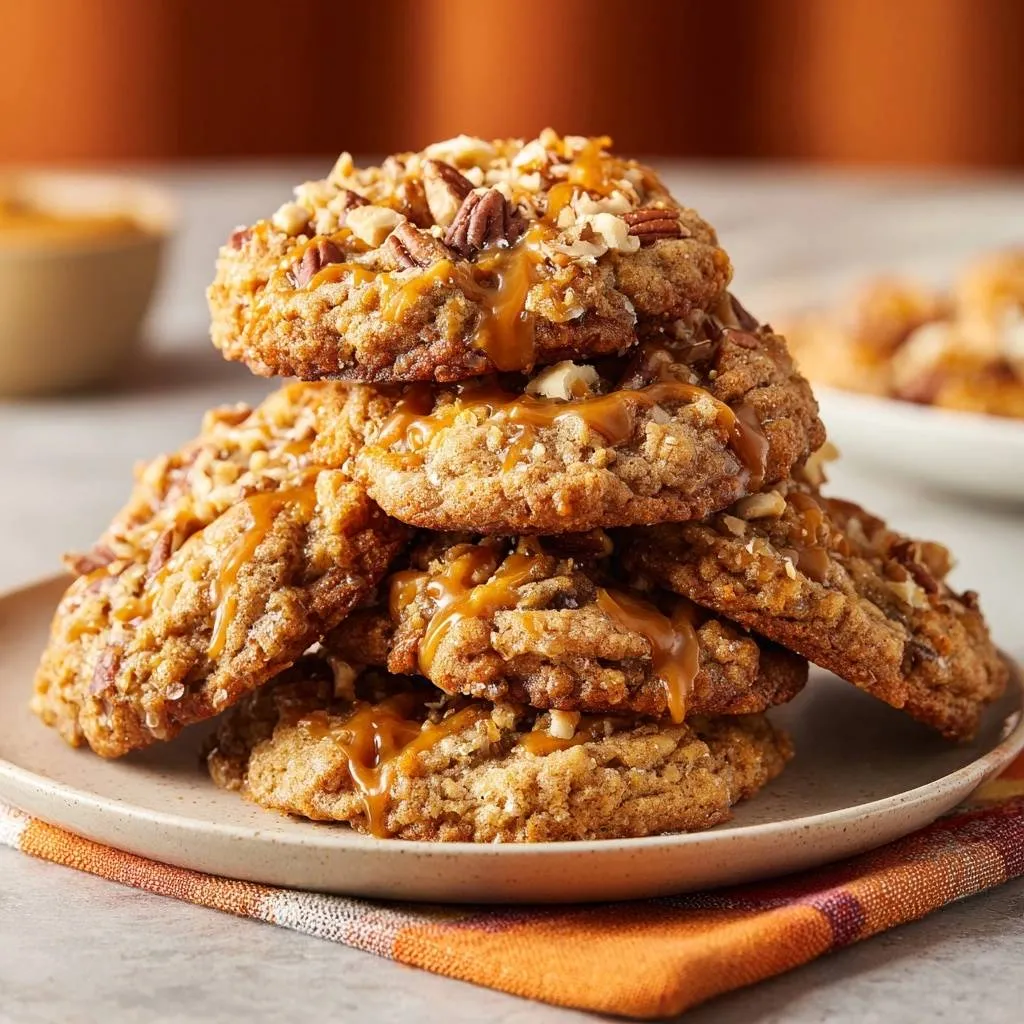 Caramel pecan oatmeal cookies stacked high and drizzled with gooey caramel sauce, showing the texture and nuts.
