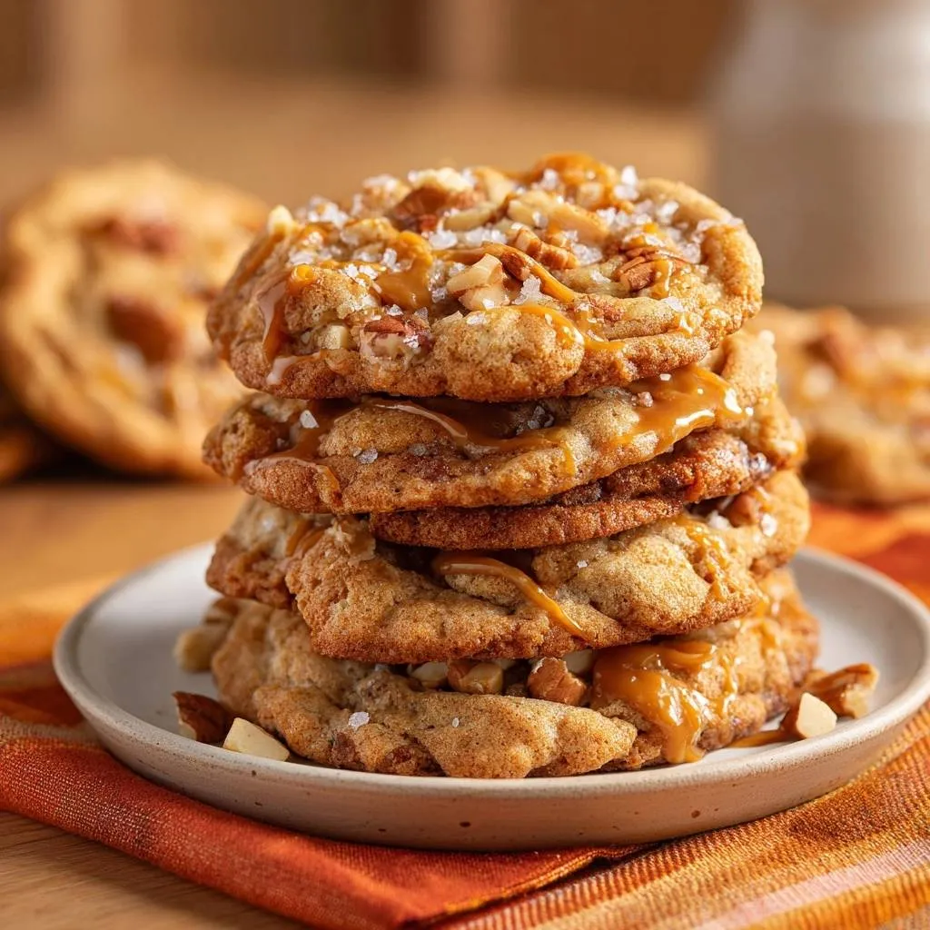 Caramel pecan oatmeal cookies stacked high on a plate, drizzled with extra caramel and topped with nuts and sea salt.