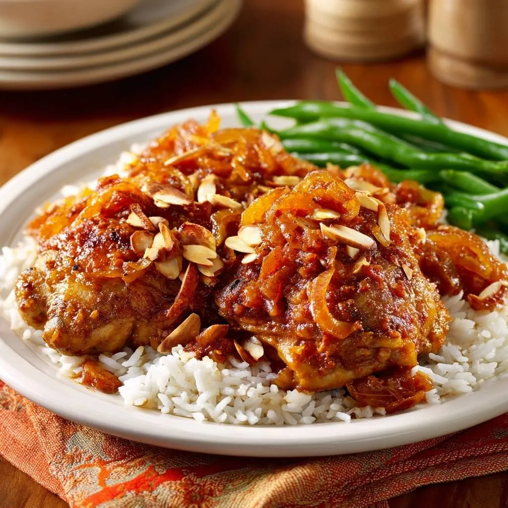 Caramelized Onion Almond Chicken served juicy over rice with green beans and a garnish of sliced almonds.