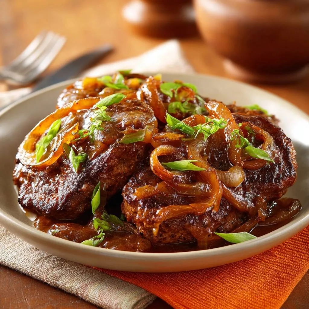 Caramelized onion smothered beef patties served close-up on a plate, showcasing the rich sauce and fresh green onion garnish.