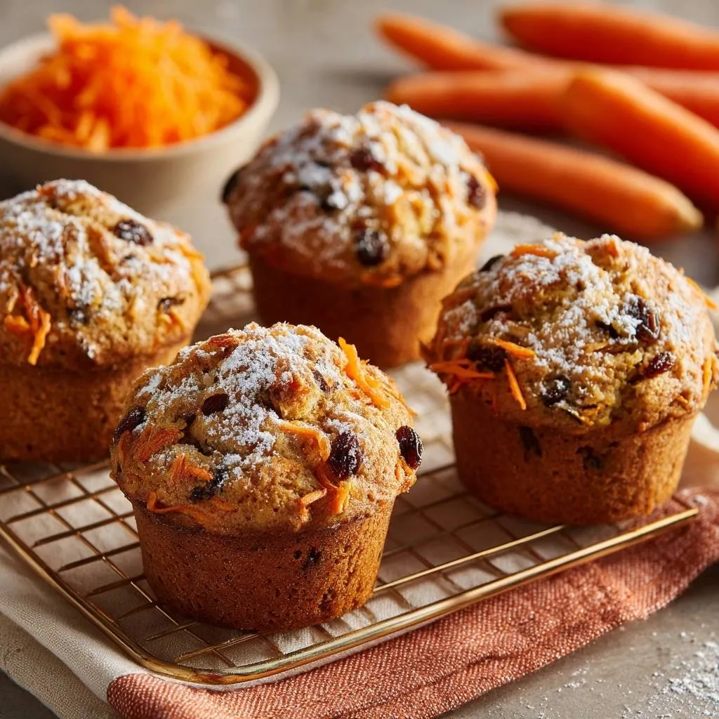 Carrot raisin apricot muffins cooling on a wire rack, dusted with powdered sugar and showing visible fruit and carrot shreds.