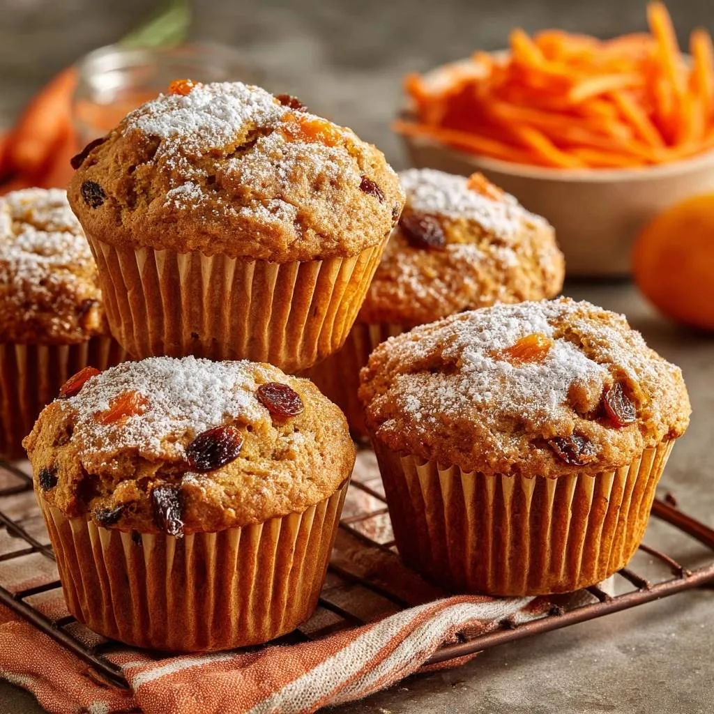 Carrot raisin apricot muffins cooling on a wire rack, dusted with powdered sugar and topped with dried fruit.