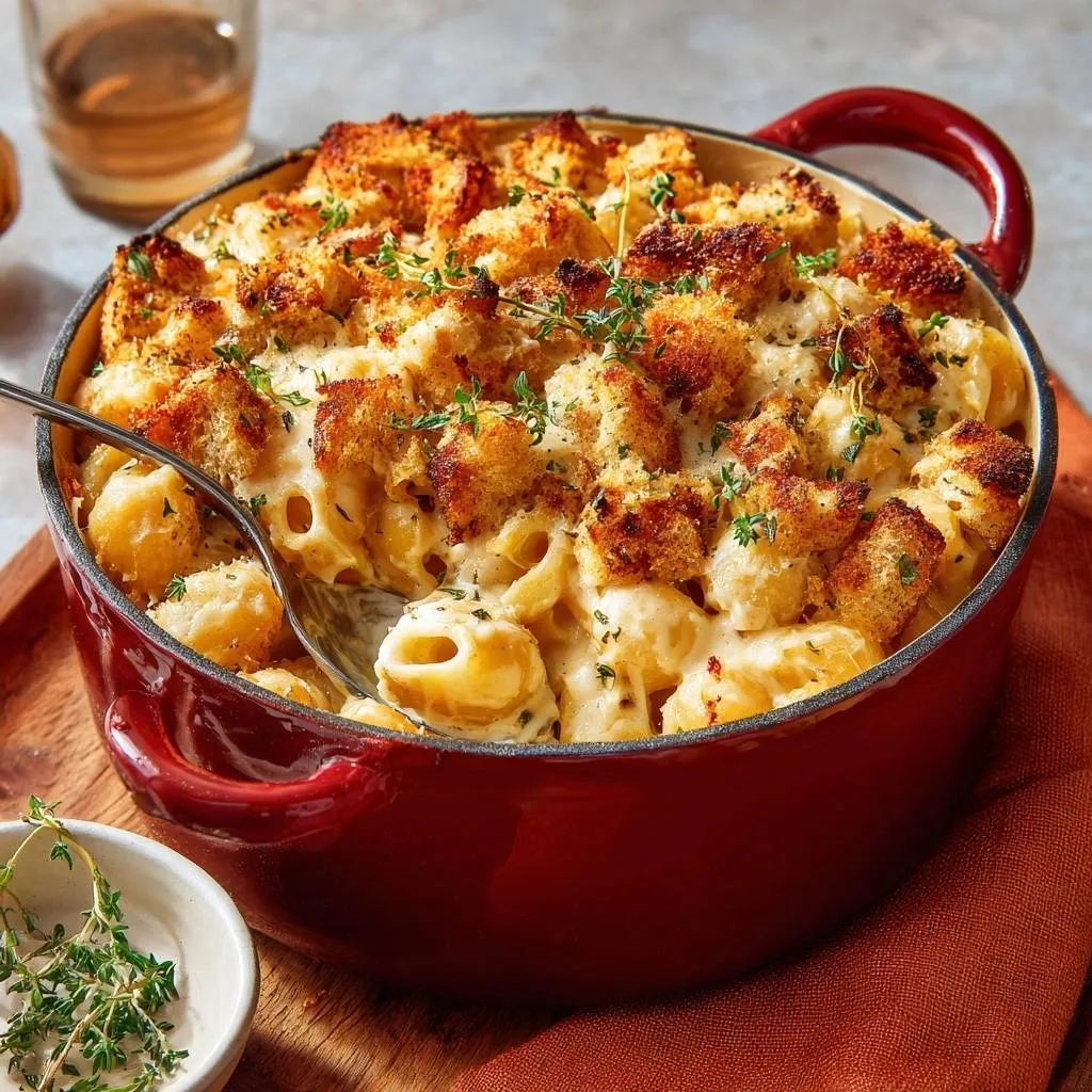 Cast iron mac and cheese with a creamy interior and a golden breadcrumb topping, served in a red pot.