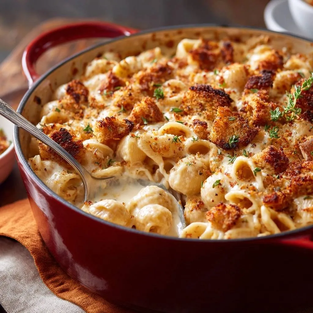 Cast iron mac and cheese with a spoon serving a generous portion of creamy pasta and breadcrumb topping.