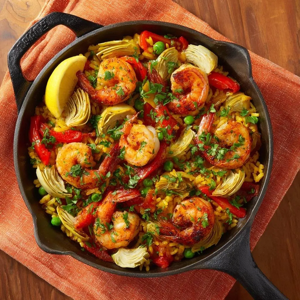 Cast iron shrimp paella with a lemon wedge, artichoke hearts, and peas, shown from an overhead perspective.