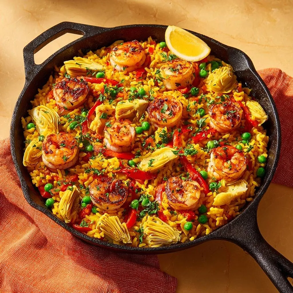 Cast iron shrimp paella with crispy socarrat served in a black skillet, viewed from directly above.