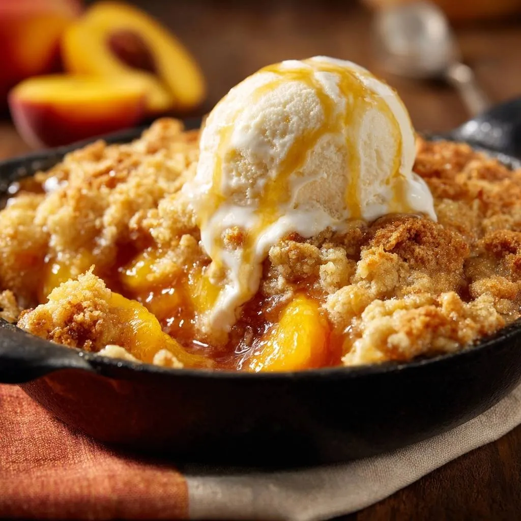 Cast iron skillet peach crisp topped with a scoop of vanilla ice cream and a caramel drizzle.