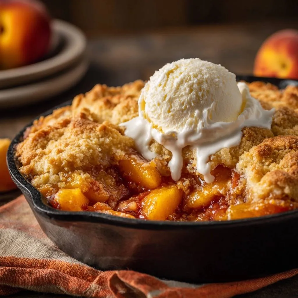 Cast iron skillet peach crisp with a scoop of melting vanilla ice cream dripping onto the golden topping.