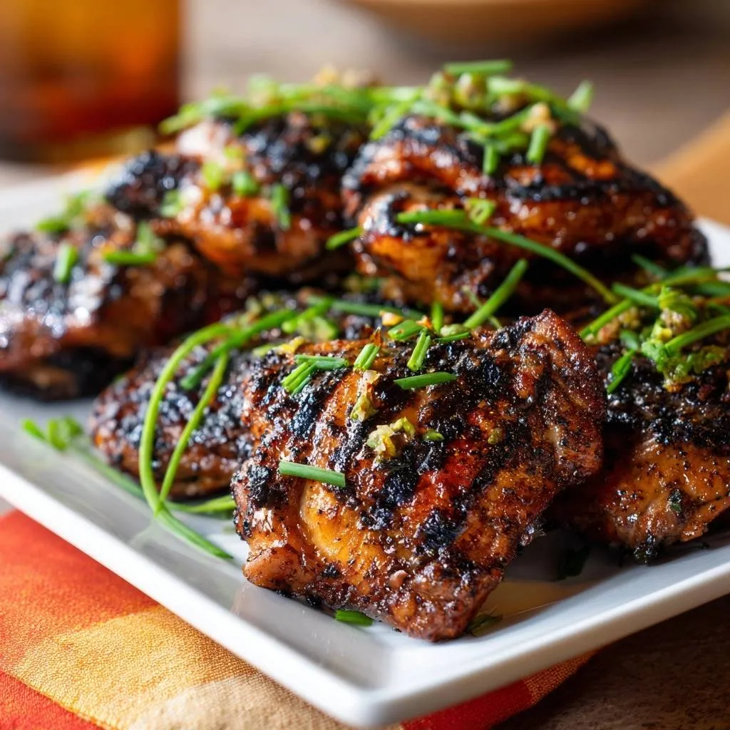 Charred lemon-scallion chicken thighs recipe garnished with fresh chives and a zesty topping.