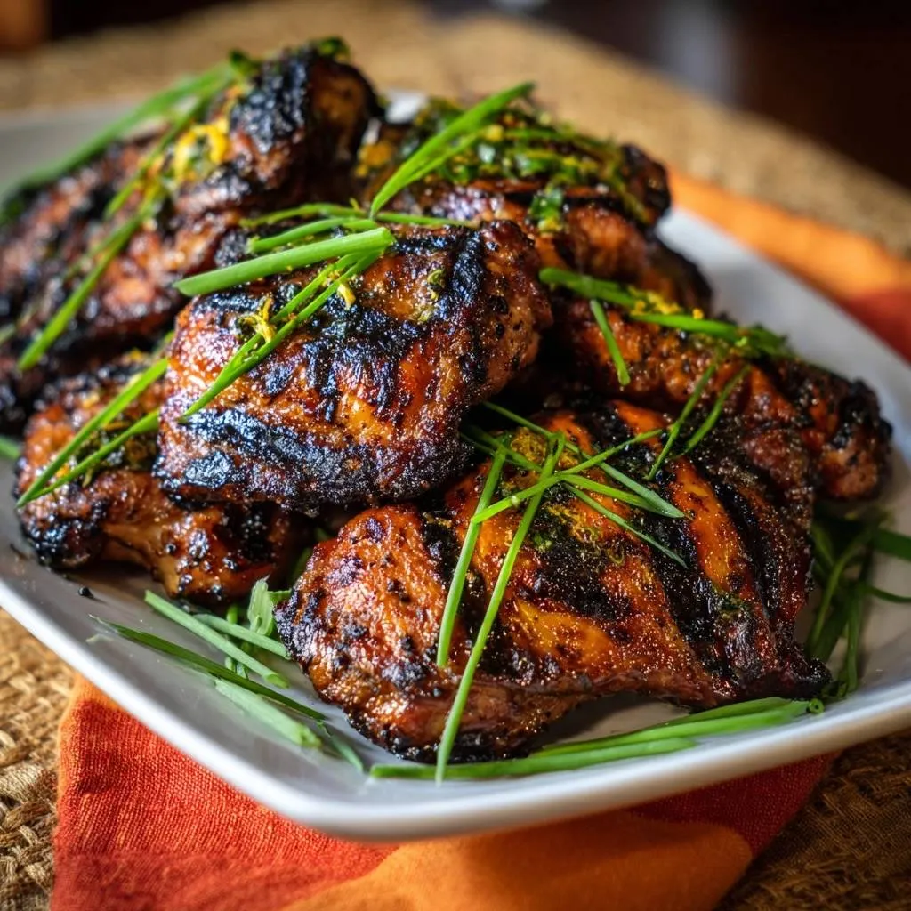 Charred lemon-scallion chicken thighs piled on a white plate and garnished with fresh green scallions.
