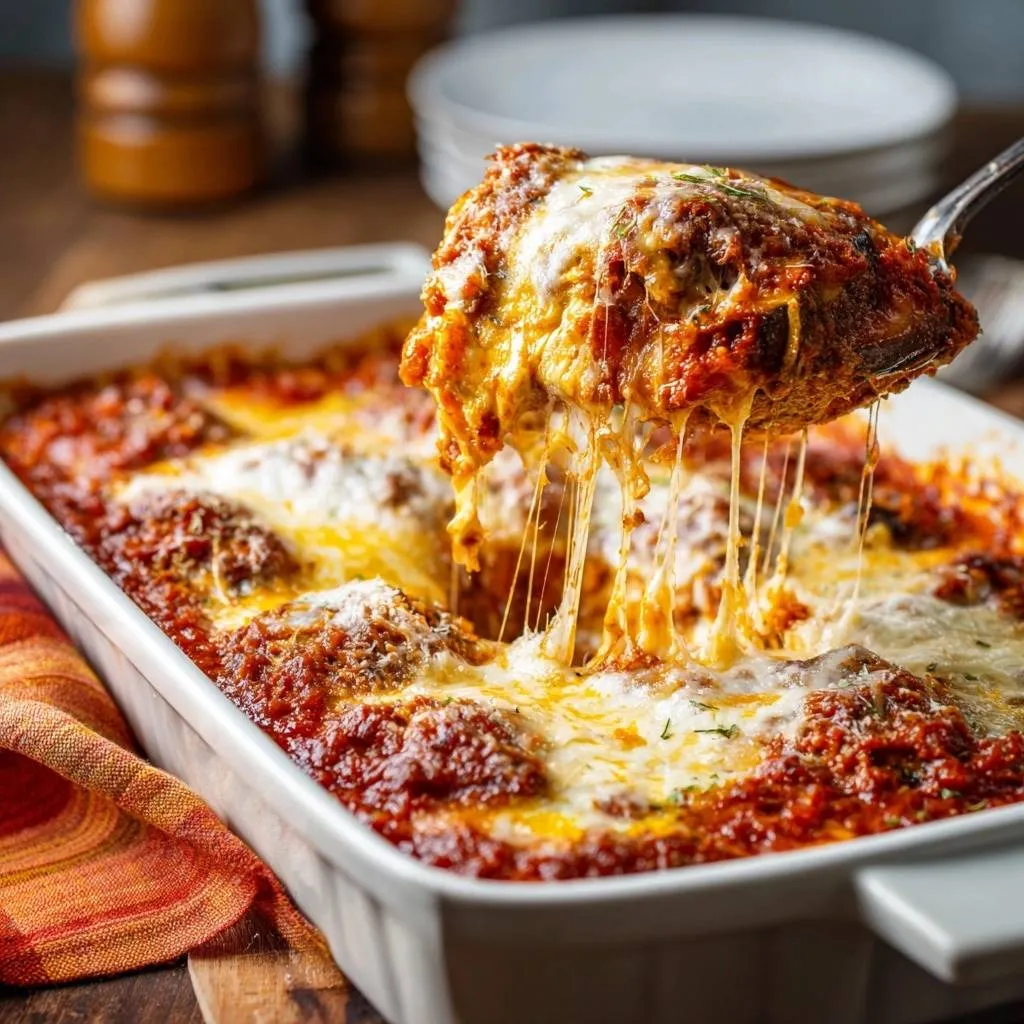 Cheesiest eggplant parmesan being served with a gooey cheese pull from the baking dish.