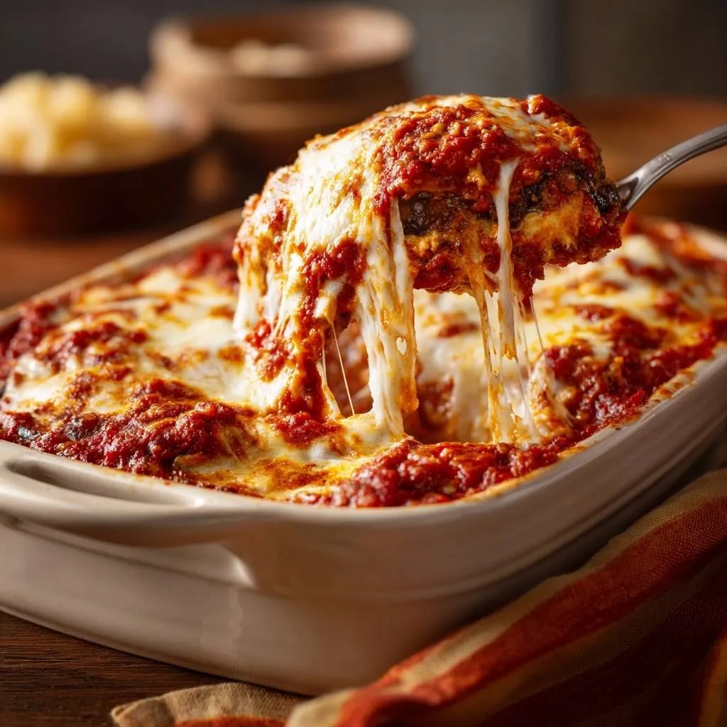 Cheesiest Eggplant Parmesan with strands of melty cheese being pulled from a serving.