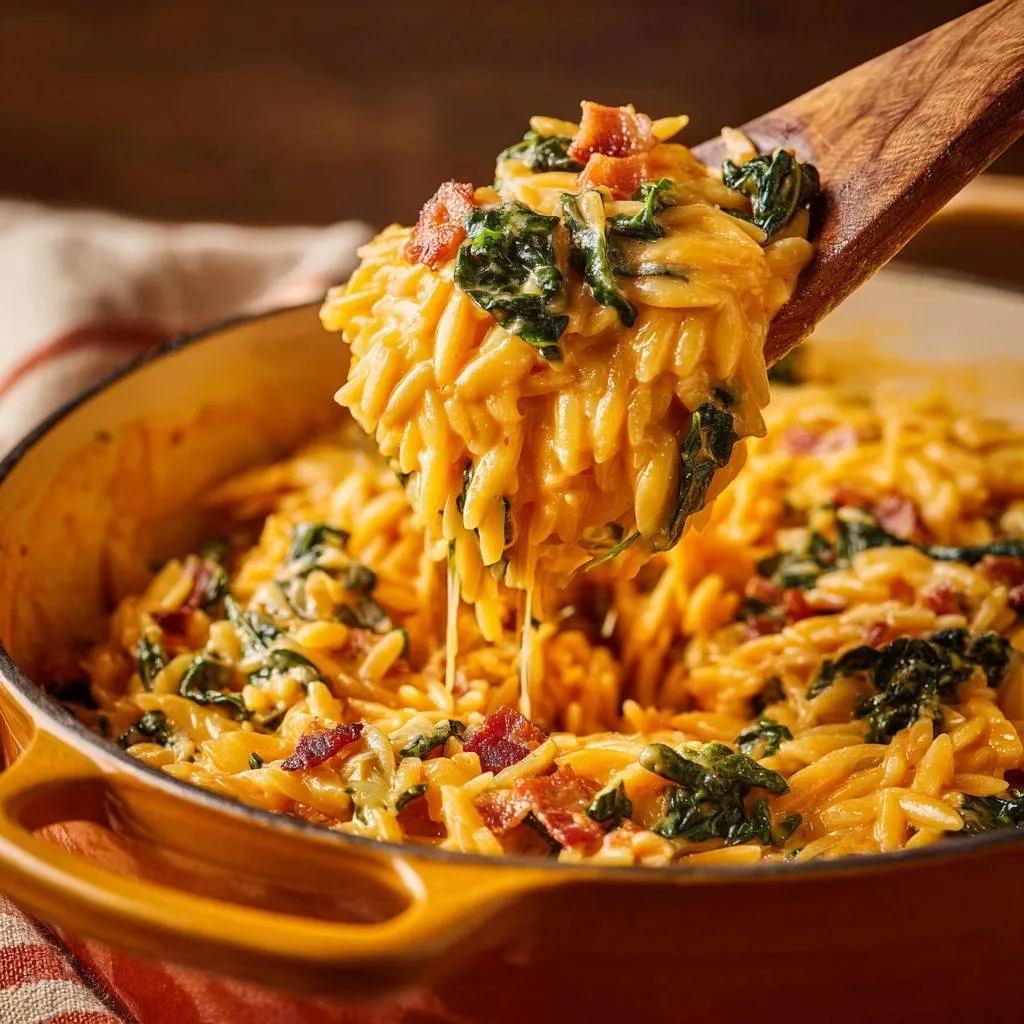 Cheesy bacon kale orzo shown being scooped from a pot with a wooden spoon, highlighting its creamy texture.