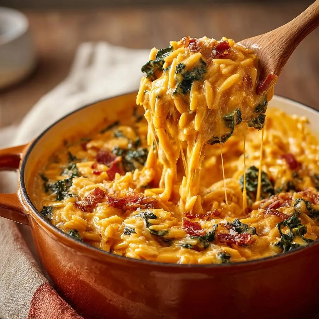 Cheesy bacon kale orzo dish with a spoonful being lifted, showing melted cheese strands.