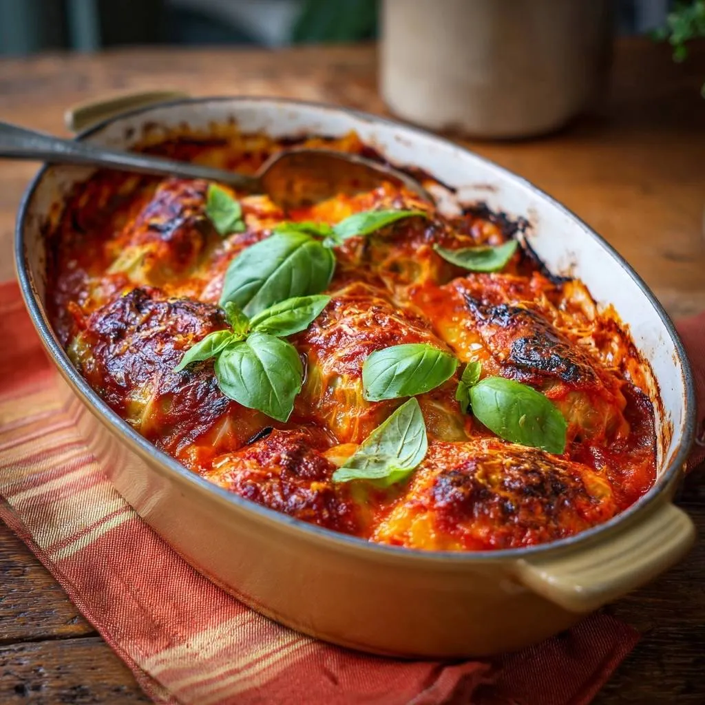 Cheesy baked cabbage rolls in a baking dish, garnished with fresh basil leaves and topped with melted cheese.
