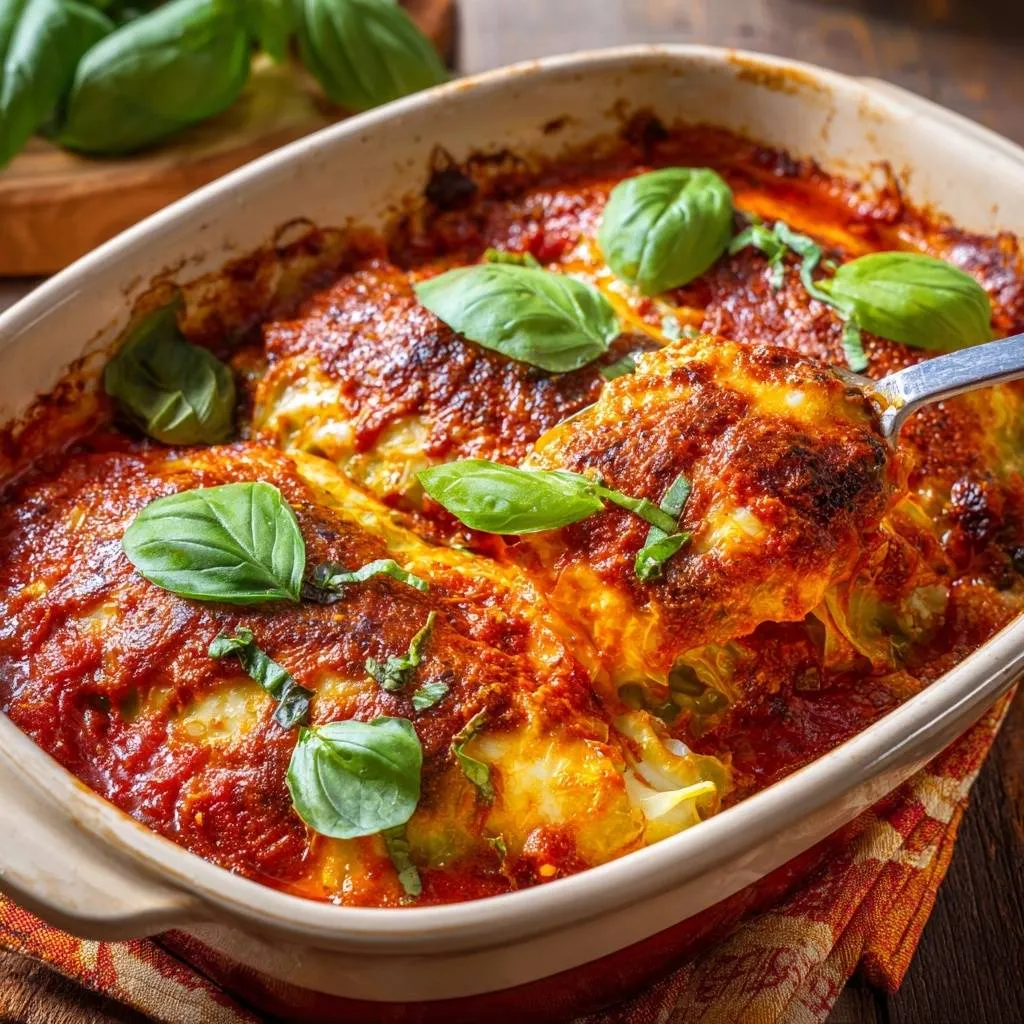 Cheesy baked cabbage rolls being served with a spoonful lifted, showing the tender leaves and juicy filling.