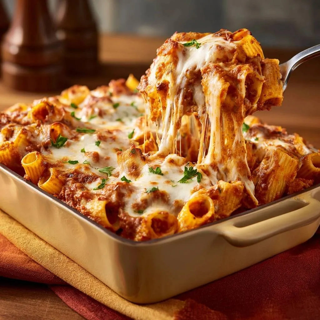 Cheesy baked rigatoni with a generous cheese pull, showcasing the melted mozzarella and rich tomato sauce.